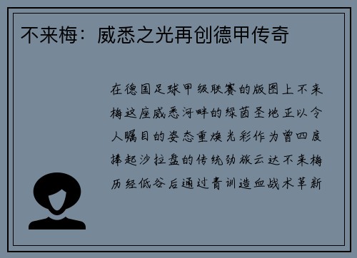 不来梅：威悉之光再创德甲传奇