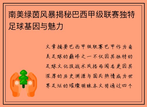 南美绿茵风暴揭秘巴西甲级联赛独特足球基因与魅力