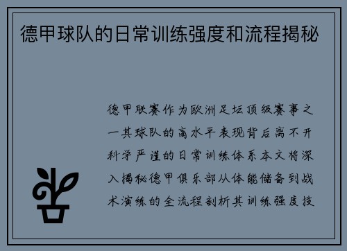 德甲球队的日常训练强度和流程揭秘